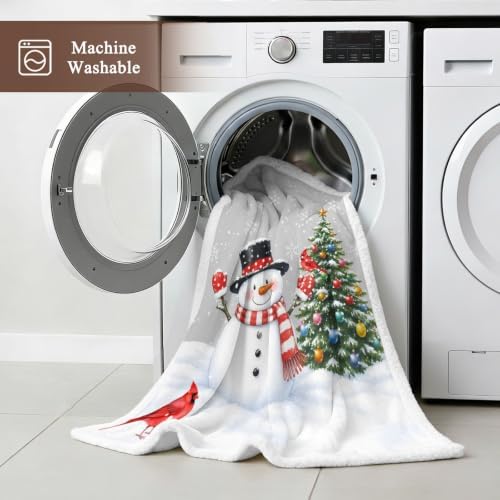 Winter Snowman Sherpa Fleece Blanket Neutral Christmas Tree Red