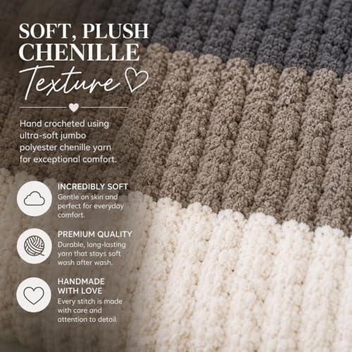 Handmade Chunky Crochet Blanket Gray Charcoal Ivory 60x40 Chenille