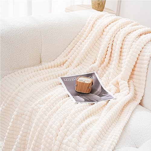 Puncuntex Fleece Throw Blanket Cream White 50"×70" with Square Grid