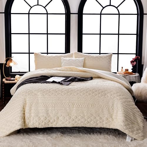 COTTEBED Sherpa Fluffy Comforter Sets KING Size Bed, Boho Tufted Cal