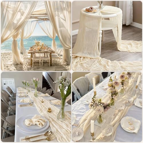 3 Pcs Ivory Cheesecloth Table Runner 35"×120"- 10 FT Cream Cheese