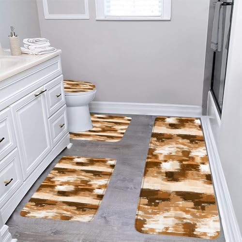 4PC Abstract Brown and White Brushstroke Bath Mat Sets Oil Painting