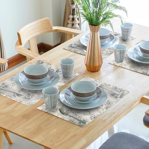 Grey Farmhouse Flowers Placemats Set of 4 Grey and Cream Floral Print