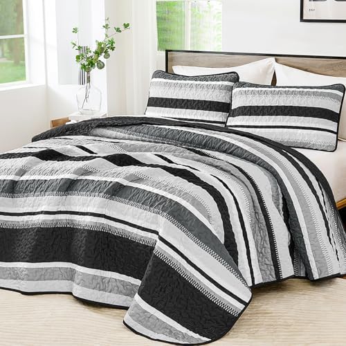 WONGS BEDDING Striped Quilts King Size Set, Black Lightweight