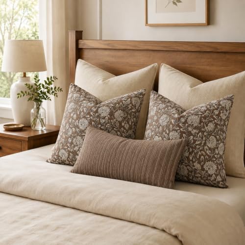 Vintage Floral Pillow Covers 18x18 Set of 2, Dahlia Botanical Block
