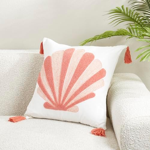 SARO LIFESTYLE Elegant Embroidered Seashell Pillow Cover, 20"x20"