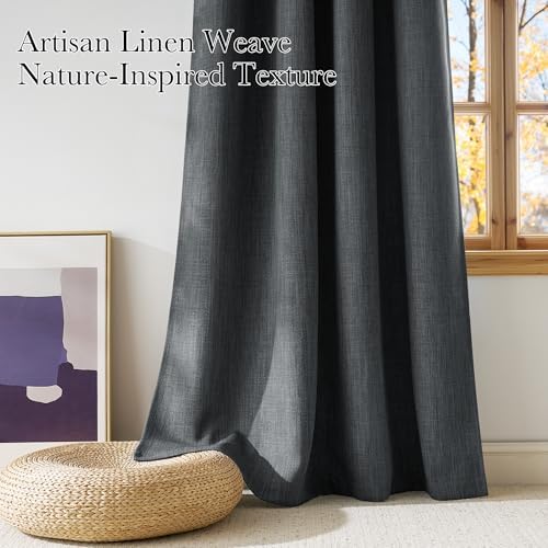 NICETOWN Faux Linen Charcoal Gray Blackout Curtains 84 inches Long