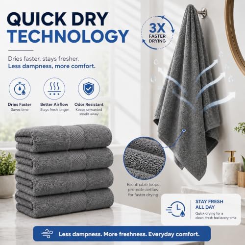 Pack of 4 Extra Large Bath Towels 30 x 60 Inches, 100% Combed Yarn