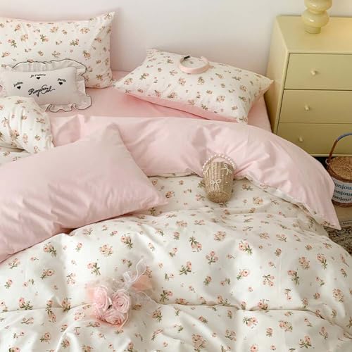 Nayoroom Pink Floral Duvet Cover Set Queen Green Botanical Flower