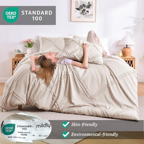 MILDLY Boho Duvet Cover Beige - Tufted Comforter Cover Set Geometric