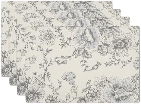 Grey Farmhouse Flowers Placemats Set of 4 Grey and Cream Floral Print