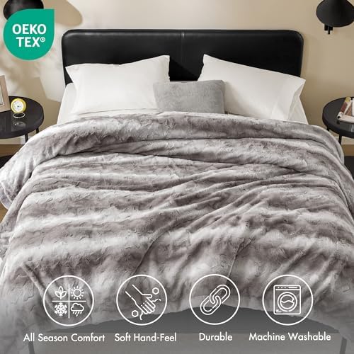 Madison Park Zuri Reversible Faux Fur Bed Blanket, 108 x 90, Grey
