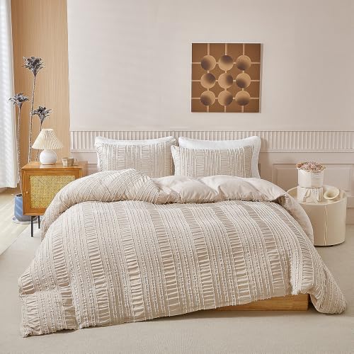 Tufted Queen Duvet Cover Set, 3 Pieces Solid Color Pinch Pleat