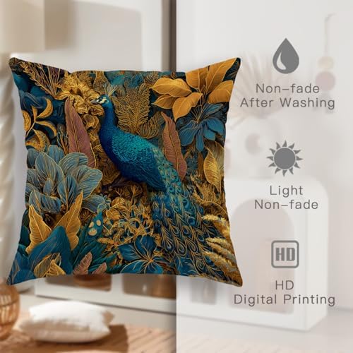 Elegant Peacock Throw Pillow Covers Set of 2, Teal and Gold Tropical