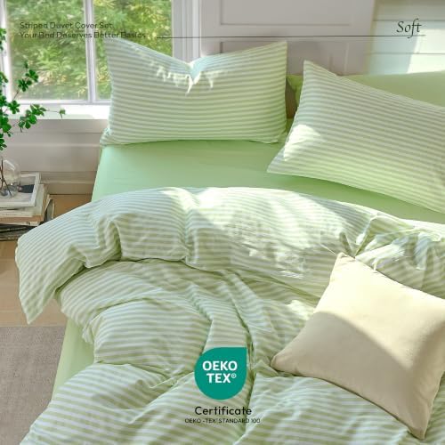 JELLYMONI Cotton Printed Striped Pillowcases Set of 2, Sage Green