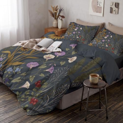 Retro Pastoral Reversible Grey Duvet Cover Set King Size
