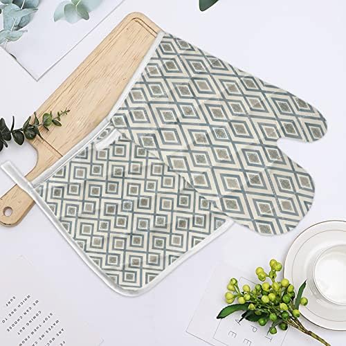 Oven Mitts and Pot Holder Set for Kitchen, Hand Drawn Rhombus