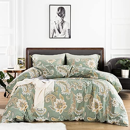 YuHeGuoJi Sage Green Paisley Duvet Cover Queen 100% Cotton 3 Pcs Set
