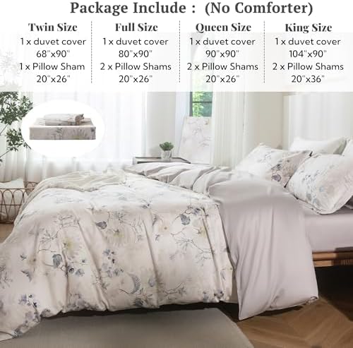 MILDLY Greige Floral Duvet Cover Set 3pcs Elegant for All Season Queen