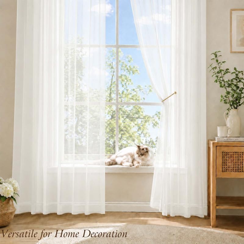Simplebrand Ivory Sheer Long Curtains 96 Inches Long 2 Panels, 52 W x