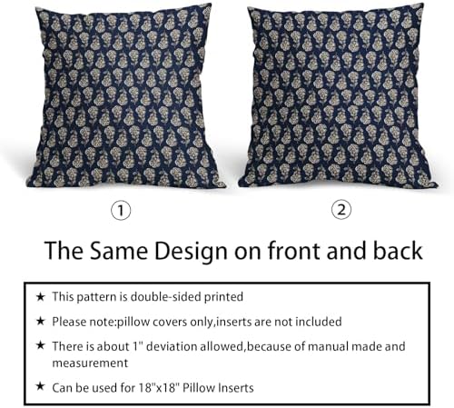 Navy Blue Floral Block Print Throw Pillow Covers 22x22 Inch Set of 2