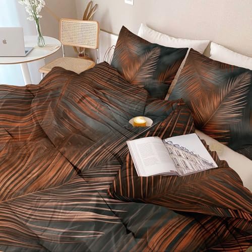 Breathable Reversible Duvet Cover Set, Plants Palm Leaves Lines