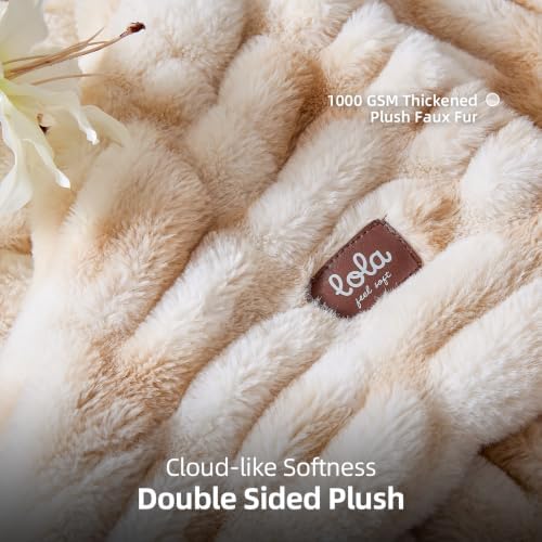 Double Sided Ruched Faux Rabbit Fur Throw Blanket,60x80 CaramelCream