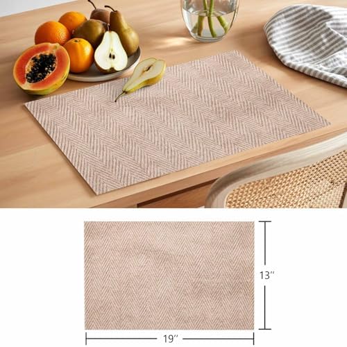 Beige Herringbone Placemats Set of 8 Modern Minimalist Woven Textured