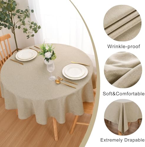 DWCN Round Faux Linen Tablecloth, Round Table Cover, 70 Inch, Beige
