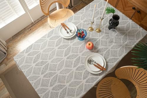 Gray Cotton Linen Rectangle Tablecloth 55 W x 70 L, Geometric Pattern