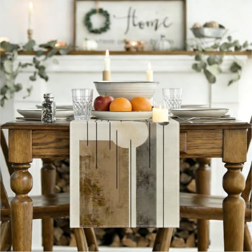 Neutral Abstract Table Runner, Modern Boho Brown Grey Line Shape