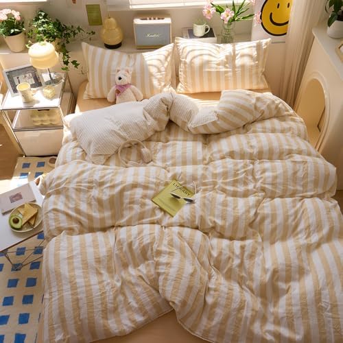 LifeTB Vintage Striped Duvet Cover Set King Size, 3 Pieces Blush Beige