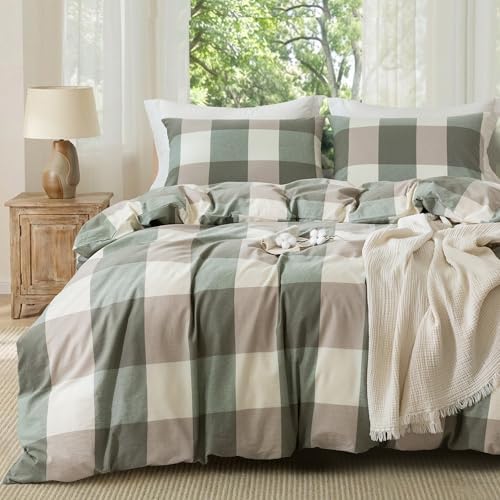 MILDLY Beige & Green Plaid Duvet Cover Set with Dual Zipper 8 Corner
