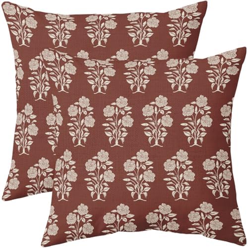 Rust Red Floral Pillow Covers 18x18 Set of 2 Block Print Cream Vintage
