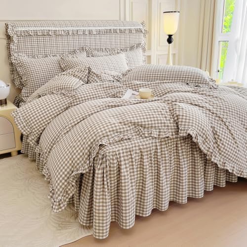 mixinni Tan Gingham Ruffle Duvet Cover Twin Size 3 Pieces – 100%