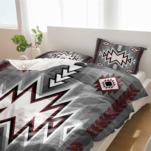 Duvet Cover Set Queen, Retro Bohemian Gray Pattern 3 Piece Bedding Set