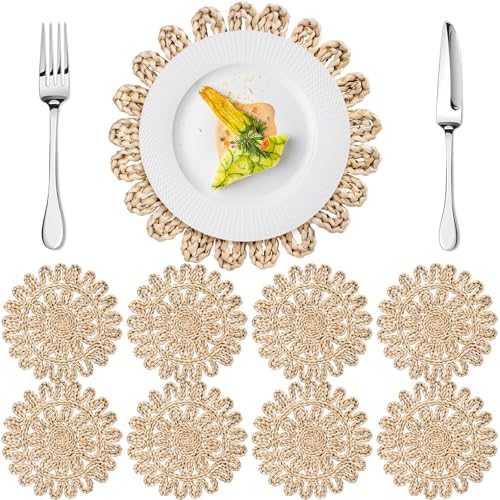 Set of 8 Round Woven Placemats Corn Husk 11.8'', Ruffled