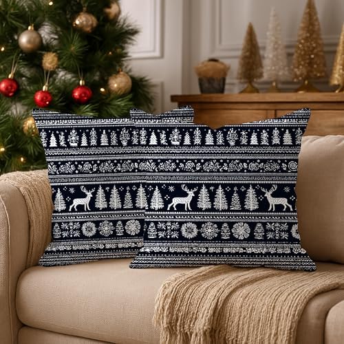 Deer Throw Pillow Covers Set of 2, Winter Rustic Trees Flowers Winter