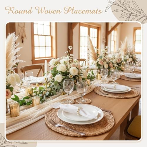 50 Set 12 Inch Round Woven Placemats with Pearl & Rhinestone Napkin