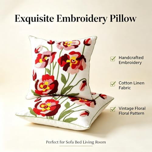 Embroidered Throw Pillow Cover 2PCS 18x18 Inch Floral Cotton Pillow
