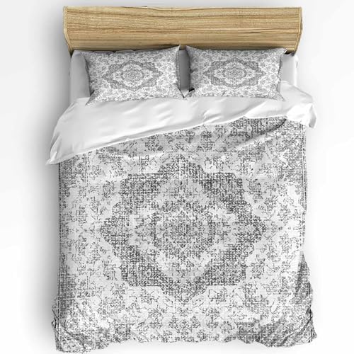 Duvet Cover Set Full, Gray Ethnic Flower Texture 3 Piece Bedding Set