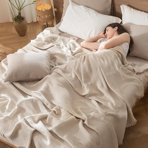 MooMee 100% Cotton Muslin Blanket Fringed 4-Layer Gauze Bed Throw