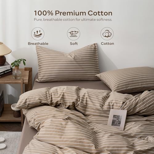 JELLYMONI 100% Cotton Wide Striped Queen Duvet Cover Set, White/Tan