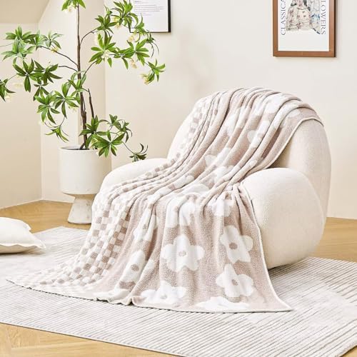 XIBLC Checkered Throw Blanket, Beige Super Soft Knit Breathable Throw