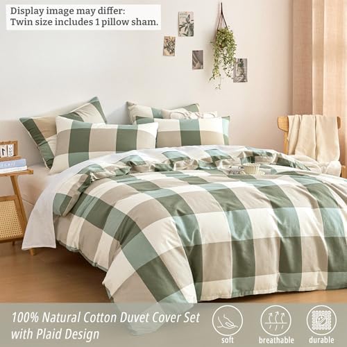 Sage Olive & Oatmeal Neutral Plaid Cotton Duvet Cover Set Twin Size
