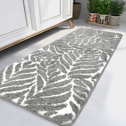 Gray Bathroom Runner Rug - Grey Long Bath Mat Tropical Leaf Bath Rugs