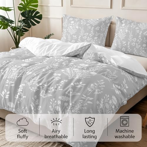3 Pieces Bedding Set Queen Size, Grey Botanical Soft Duvet Covers Set