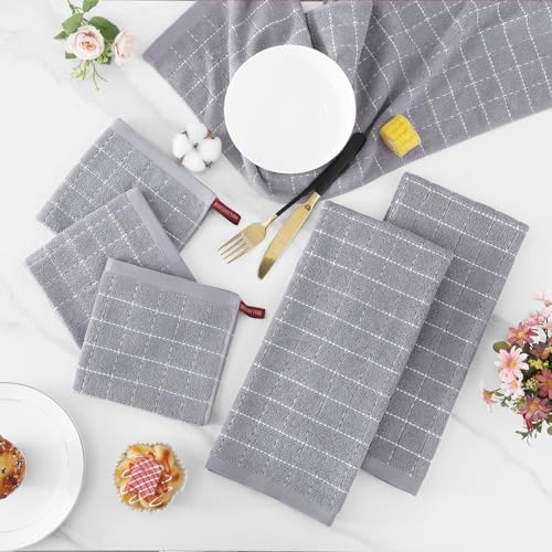 Homaxy Cotton Terry Kitchen Towels and Dishcloths Set of 8, Light Grey