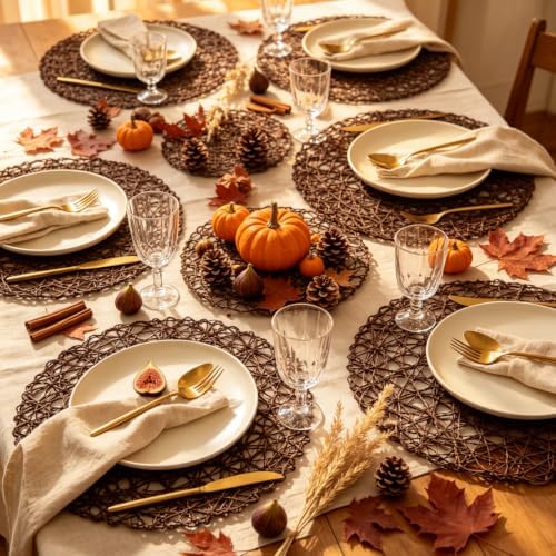 IcosaMro Brown Round Placemats Set of 6 for Dining Table, 13 Inches