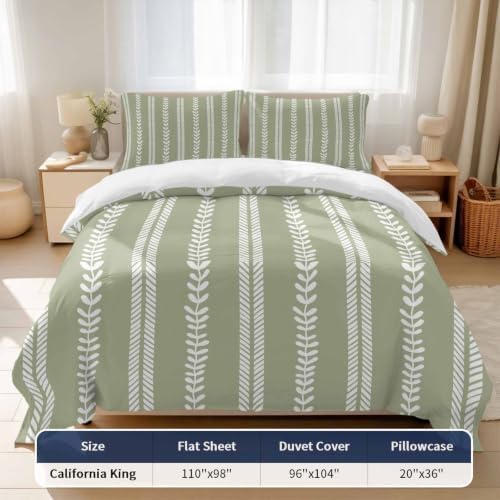 Leaf Stripes California King 4 Piece Duvet Cover Set, Botanical Rustic